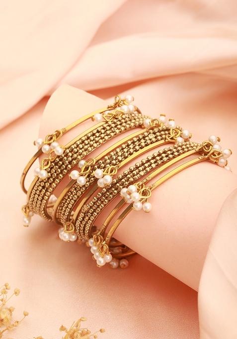 Set Of 12 Gold Plated And Beaded Bangles