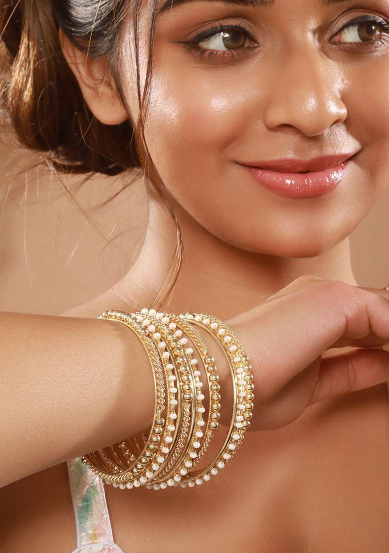 Set Of 12 Gold Plated Stone Studded And Beaded Bangles - Indya