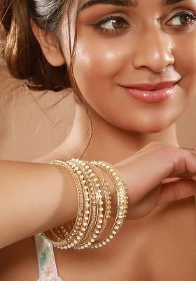 Set Of 12 Gold Plated Stone Studded And Beaded Bangles
