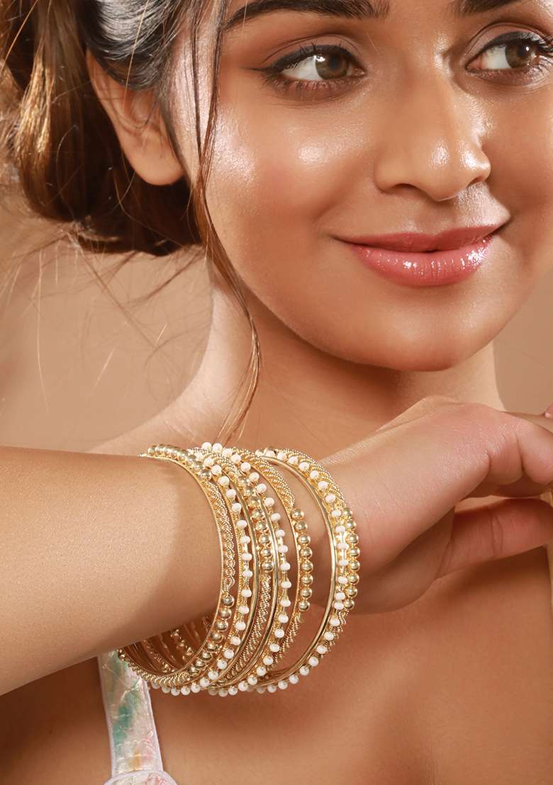 Set Of 12 Gold Plated Stone Studded And Beaded Bangles - Indya