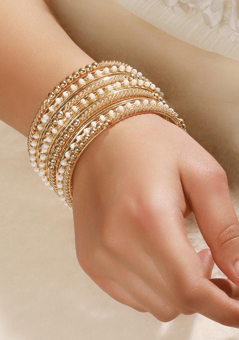 Set Of 12 Gold Plated Stone Studded And Beaded Bangles