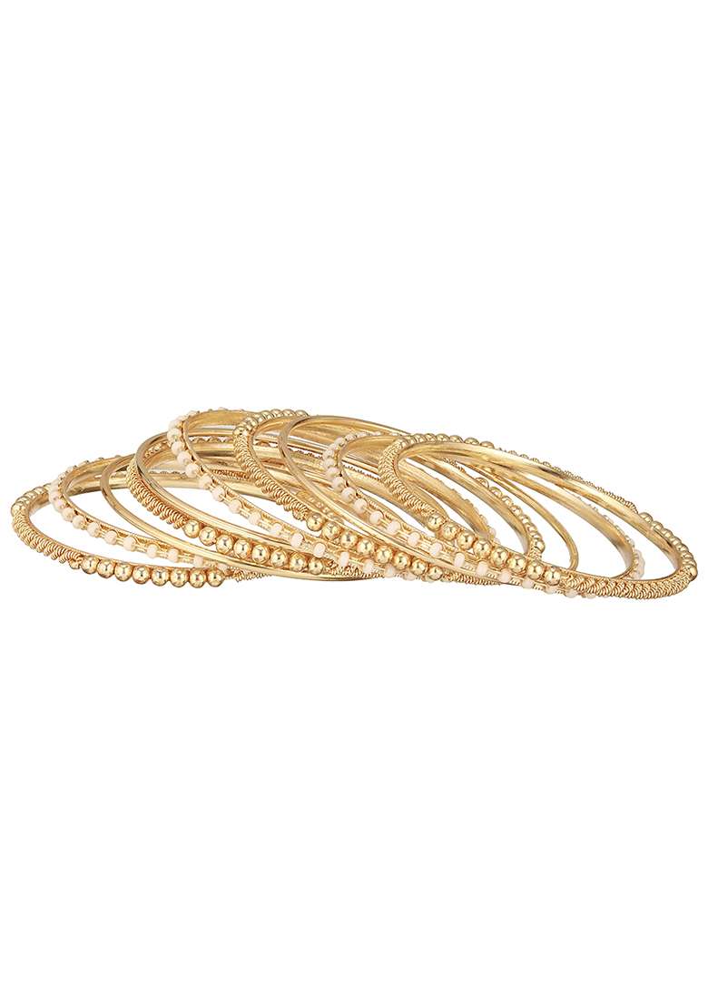 Set Of 12 Gold Plated Stone Studded And Beaded Bangles - Indya