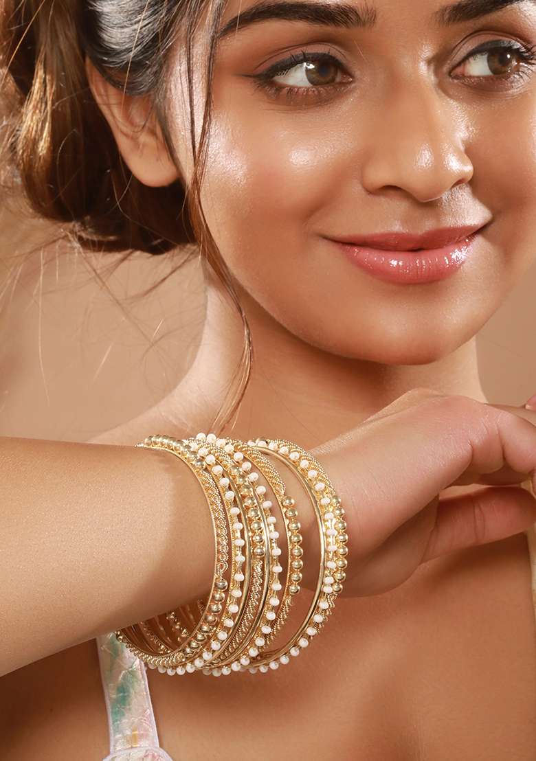 Set Of 12 Gold Plated Stone Studded And Beaded Bangles - Indya