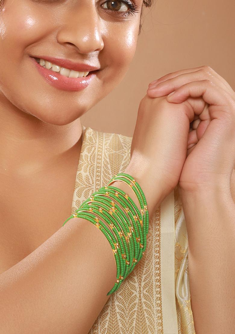 Set Of 12 Gold Plated Beaded Studded Bangles