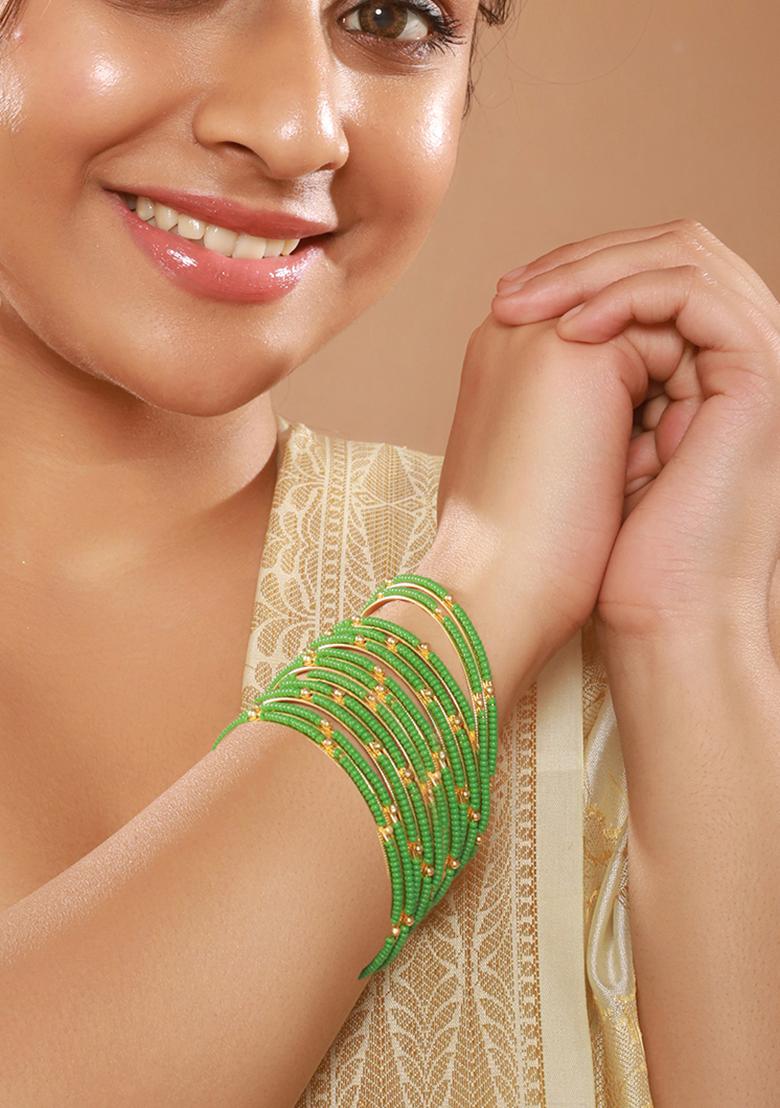 Set Of 12 Gold Plated Beaded Studded Bangles