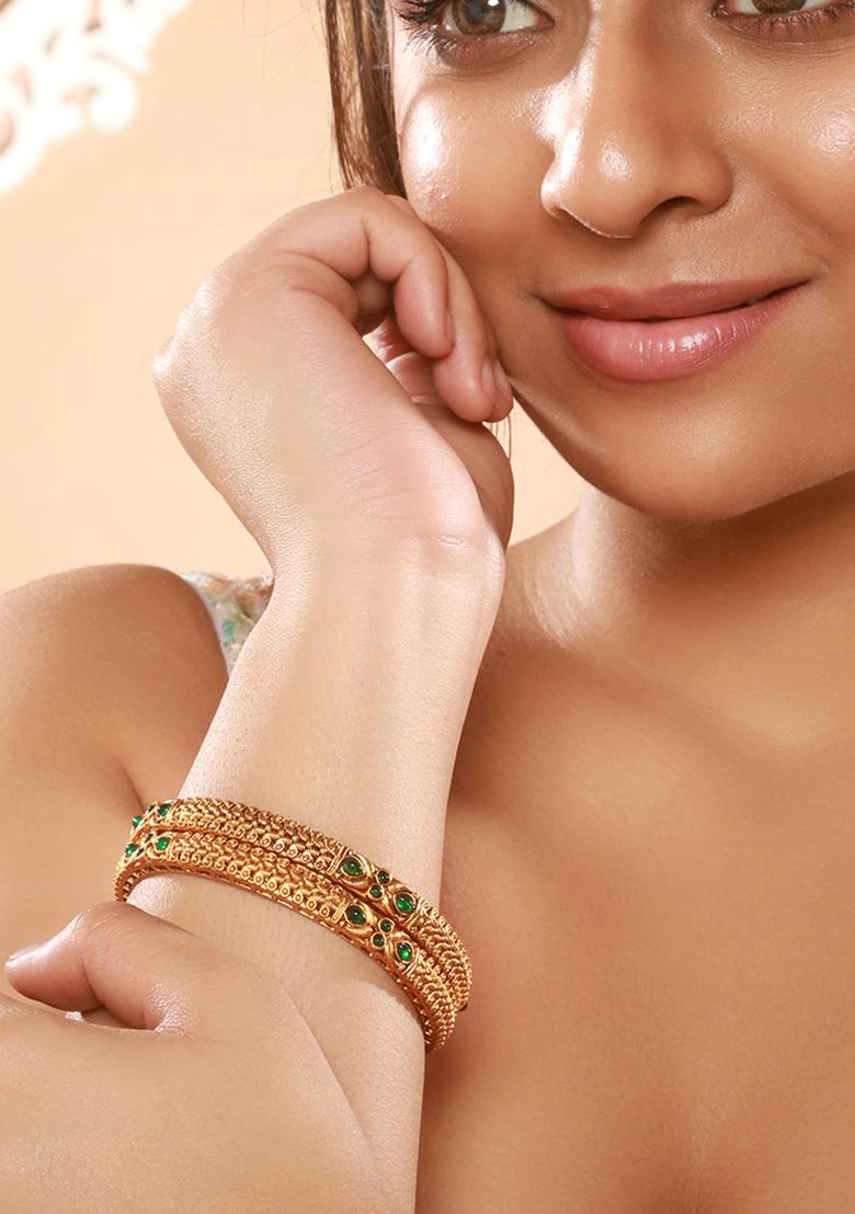 Set Of 2 18K Gold Plated Emerald Gemstones Studded Bangles