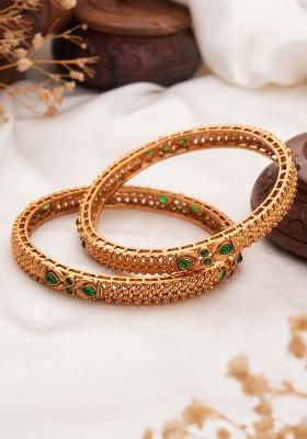 Set Of 2 18K Gold Plated Emerald Gemstones Studded Bangles