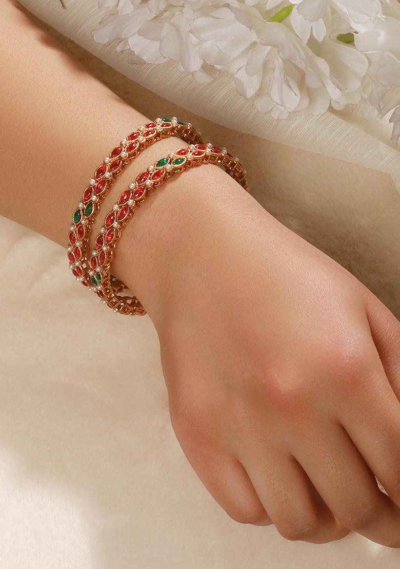Set Of 2 18K Gold Plated Gemstones Studded And Pearl Beaded Bangles
