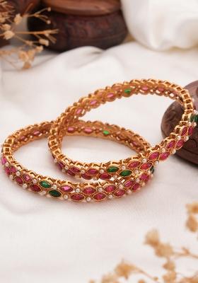 Set Of 2 18K Gold Plated Gemstones Studded And Pearl Beaded Bangles