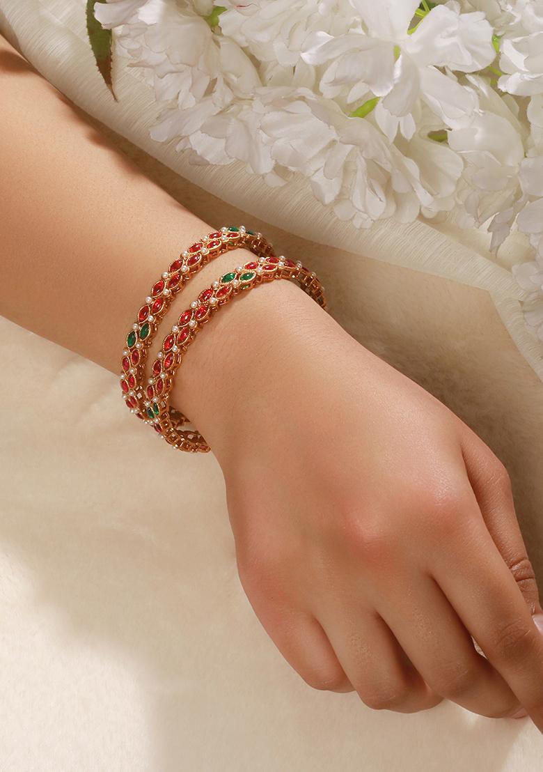 Set Of 2 18K Gold Plated Gemstones Studded And Pearl Beaded Bangles