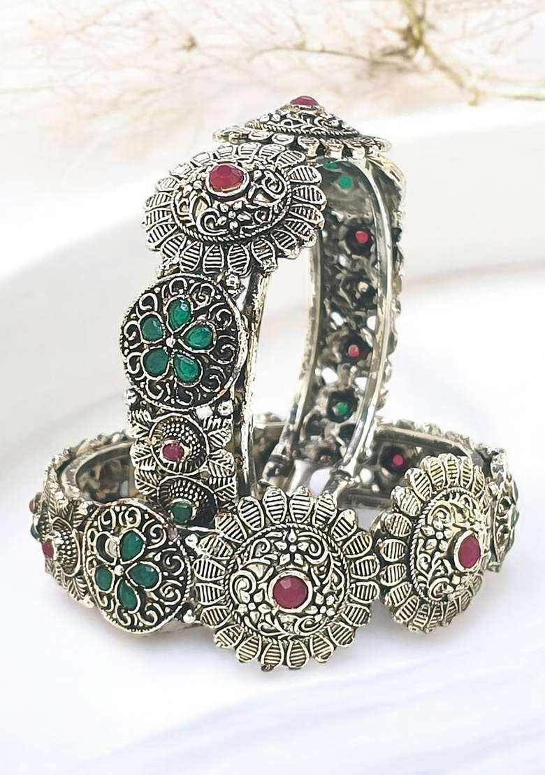 Set Of 2 Silver Oxidised Stone Studded Cuff Bracelet Bangles - Indya