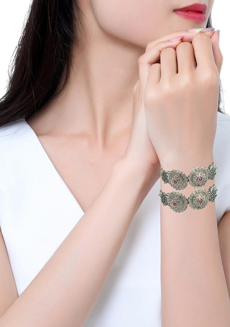 Set Of 2 Silver Oxidised Stone Studded Cuff Bracelet Bangles