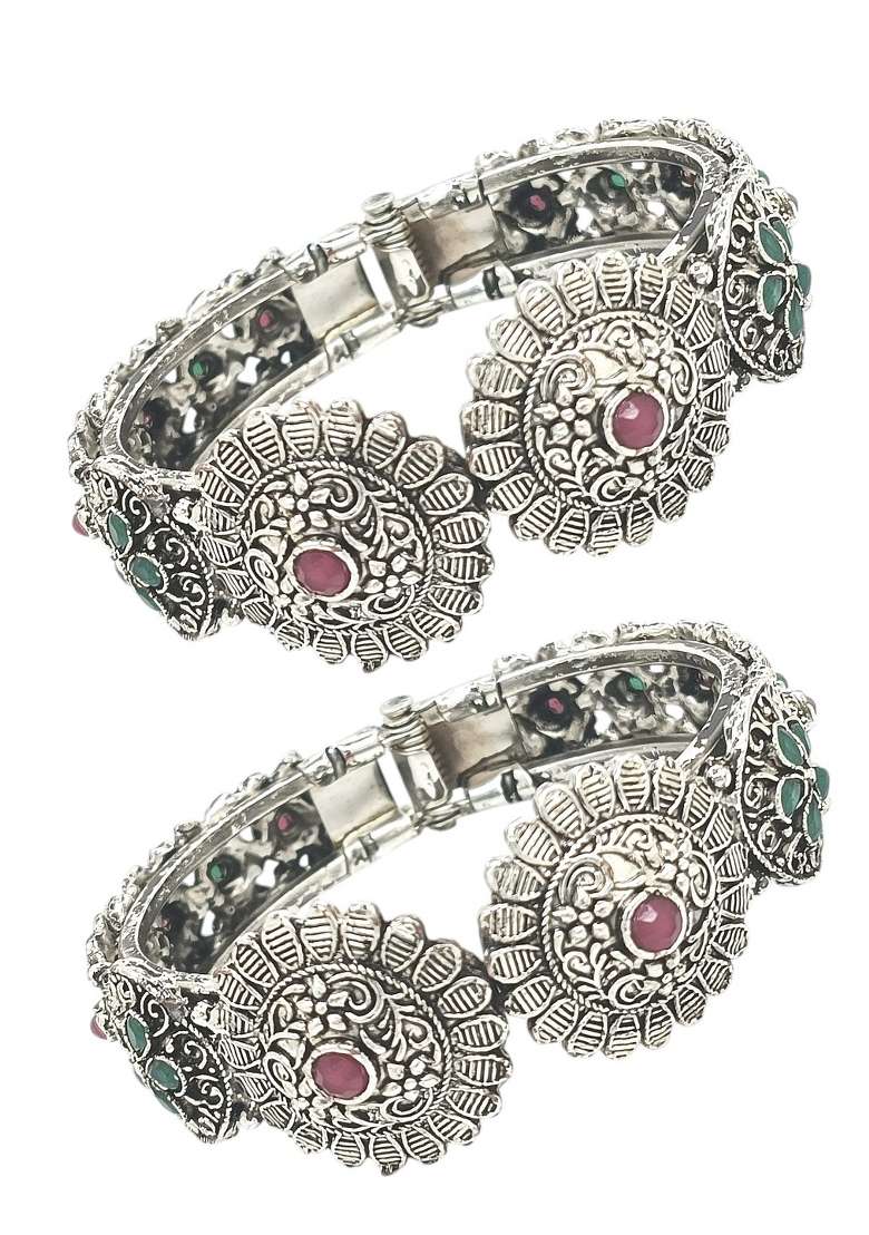 Set Of 2 Silver Oxidised Stone Studded Cuff Bracelet Bangles - Indya