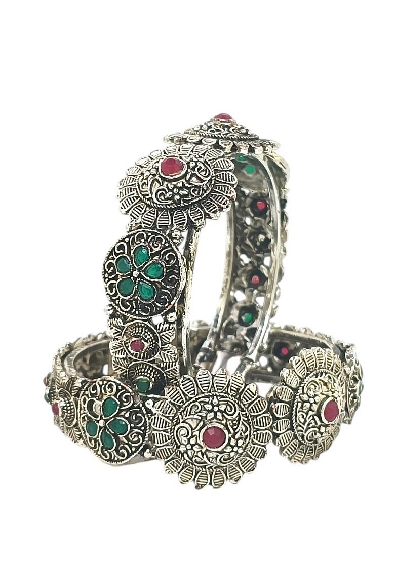 Set Of 2 Silver Oxidised Stone Studded Cuff Bracelet Bangles