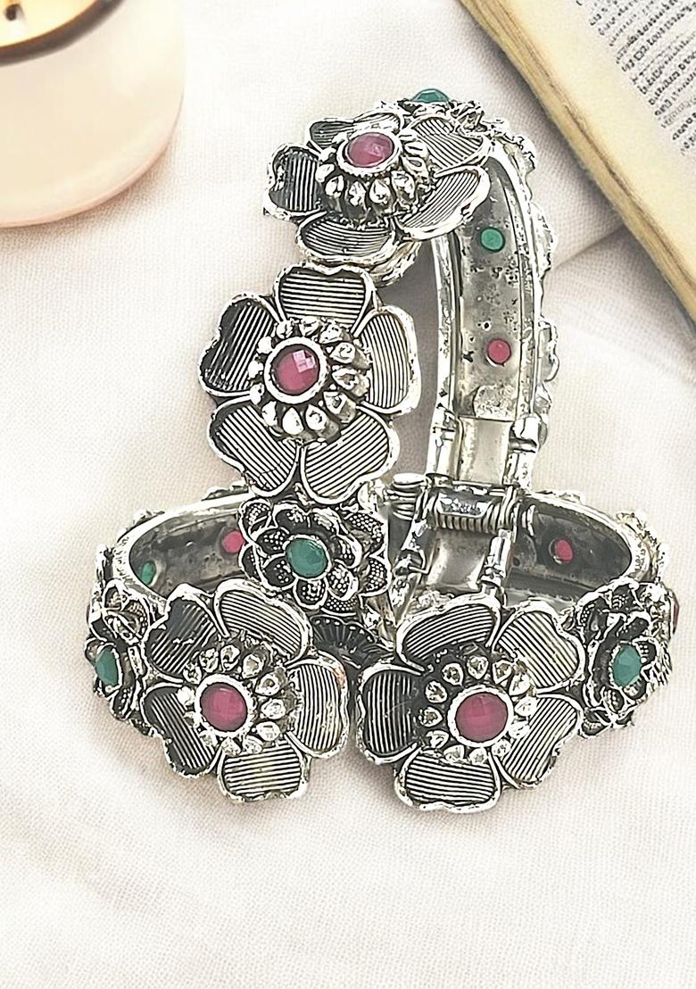 Set Of 2 Silver Oxidised Stone Studded Cuff Bracelet Bangles