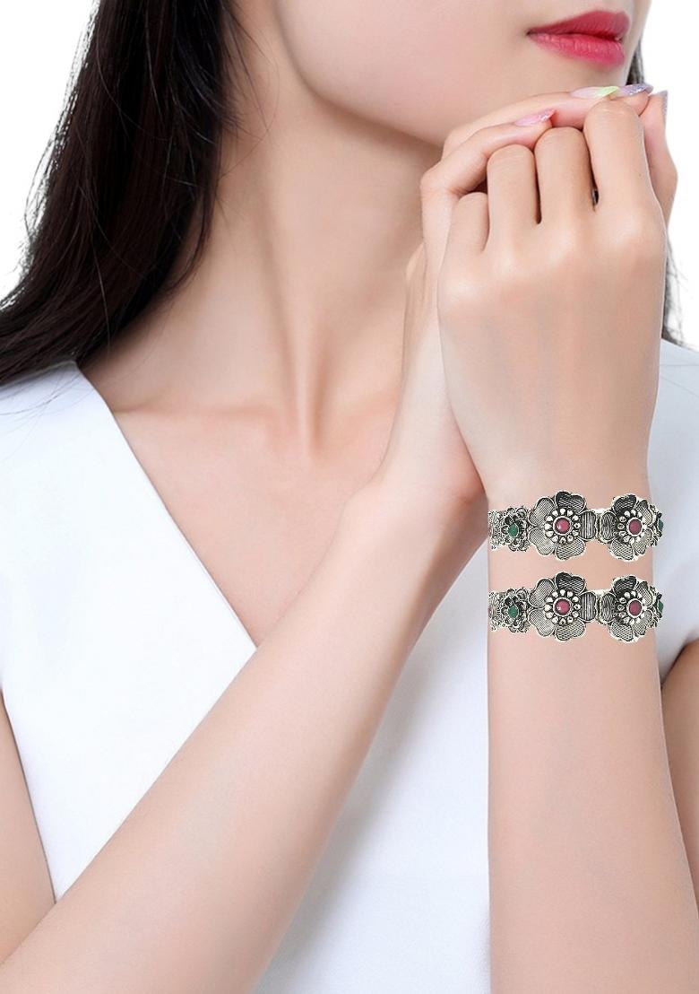 Set Of 2 Silver Oxidised Stone Studded Cuff Bracelet Bangles