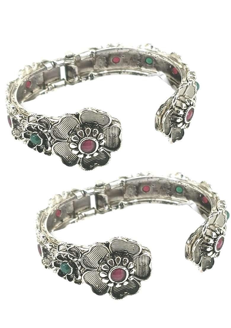 Set Of 2 Silver Oxidised Stone Studded Cuff Bracelet Bangles - Indya