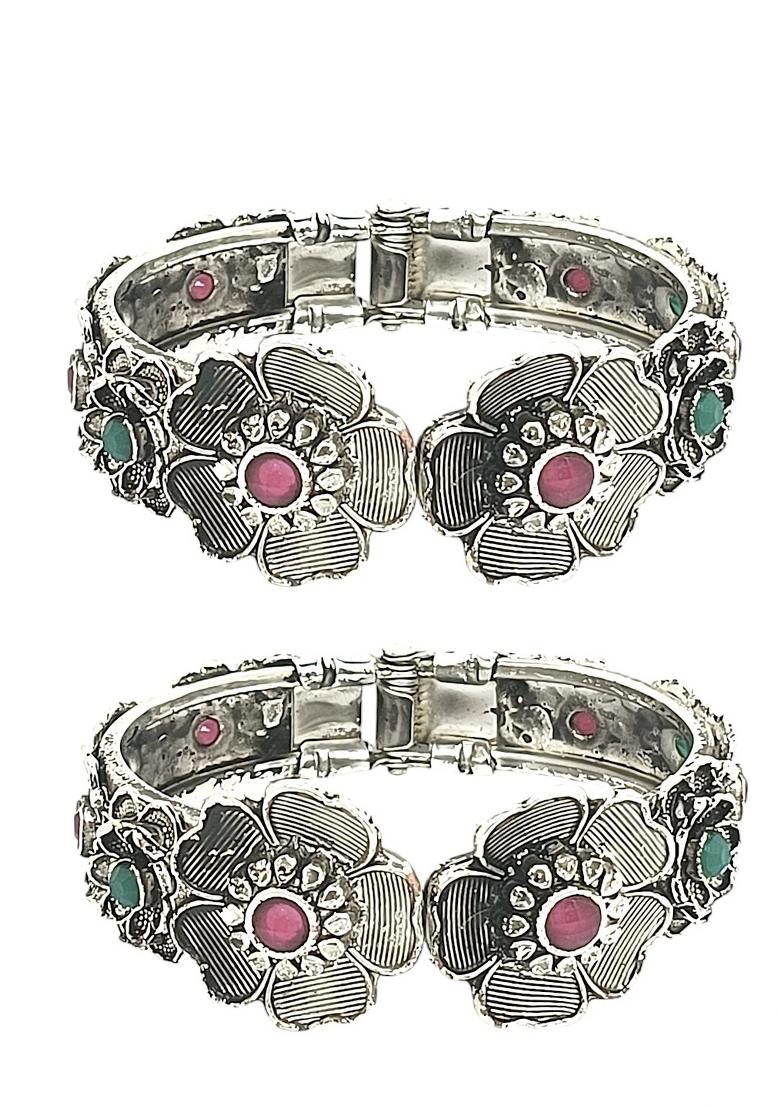 Set Of 2 Silver Oxidised Stone Studded Cuff Bracelet Bangles