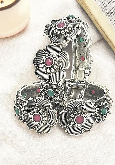 Set Of 2 Silver Oxidised Stone Studded Cuff Bracelet Bangles