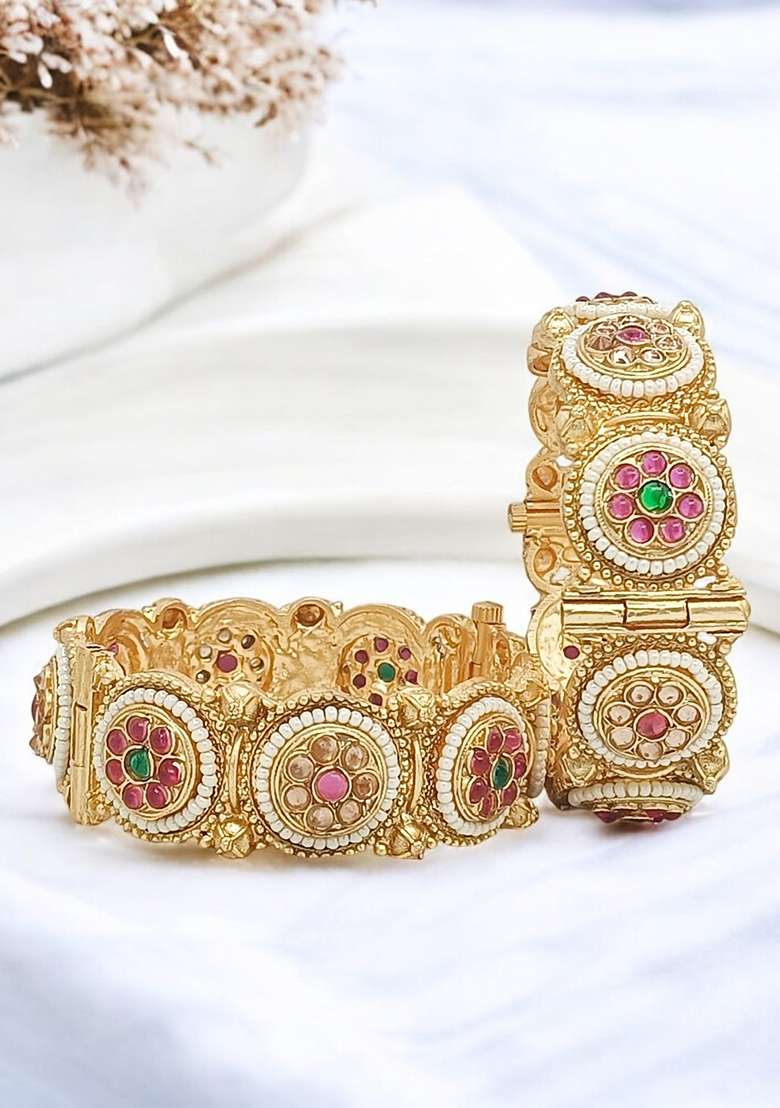 Set Of 2 Gold Plated Traditional Rajwadi Screw Kada Bangles - Indya