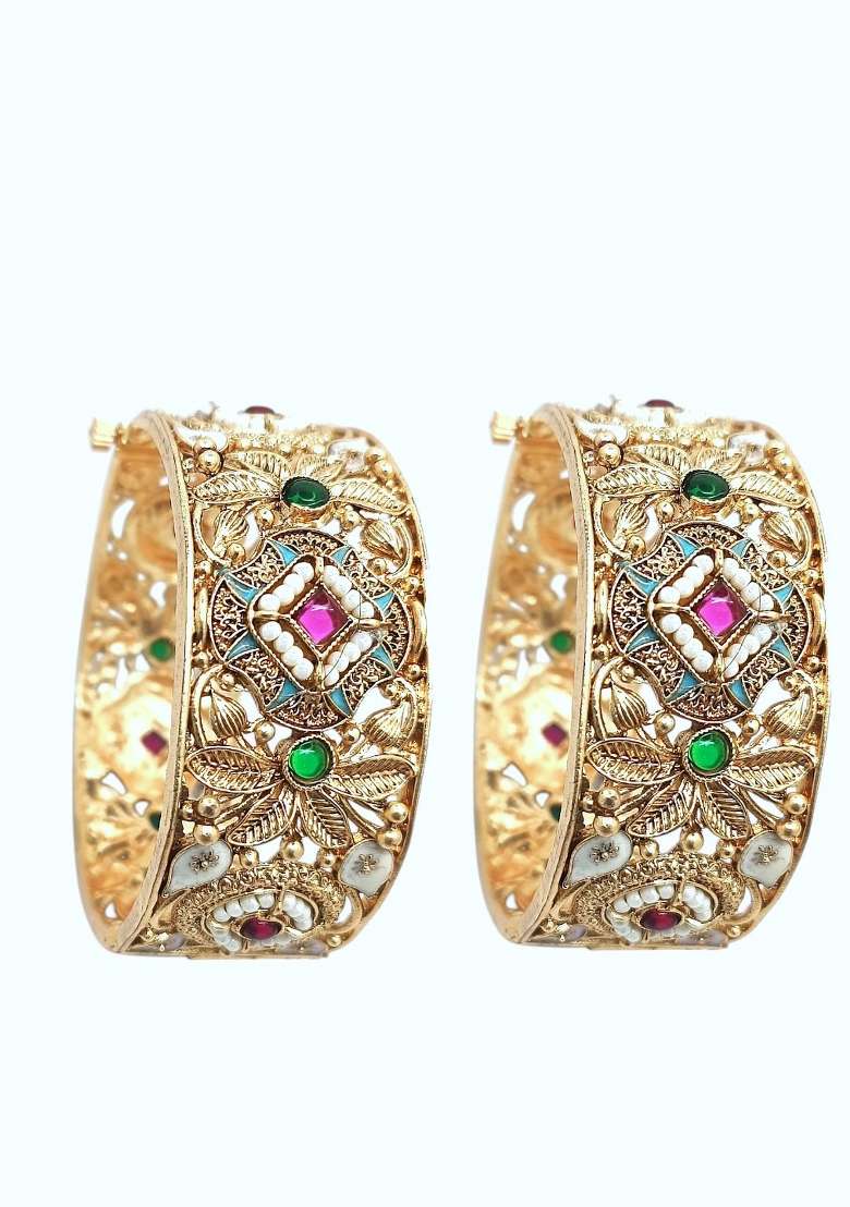 Set Of 2 Gold Plated Rajwadi Meenakari Screw Kada Bangles - Indya