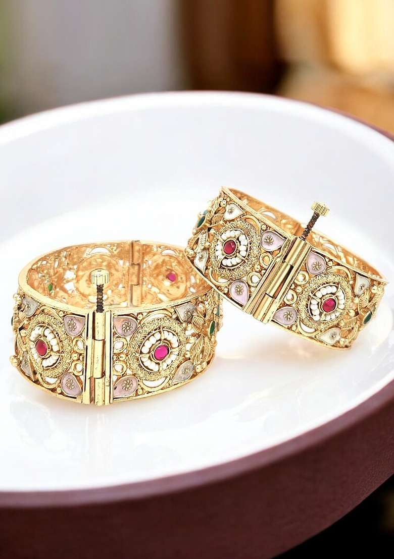 Set Of 2 Gold Plated Rajwadi Meenakari Screw Kada Bangles - Indya