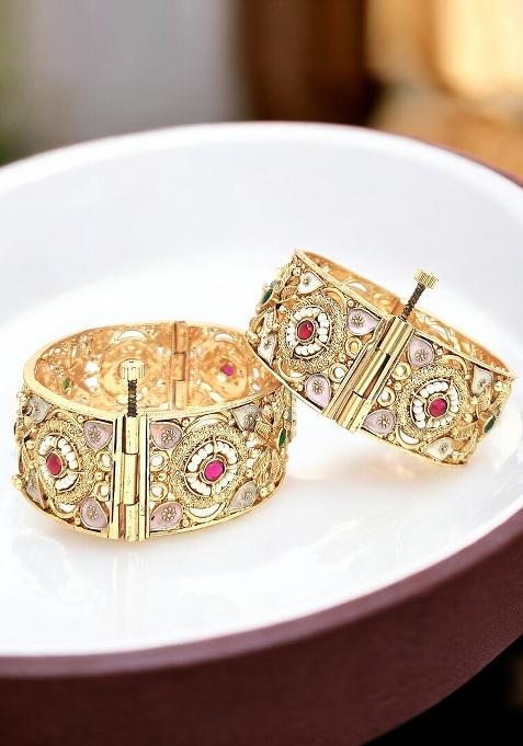 Set Of 2 Gold Plated Rajwadi Meenakari Screw Kada Bangles