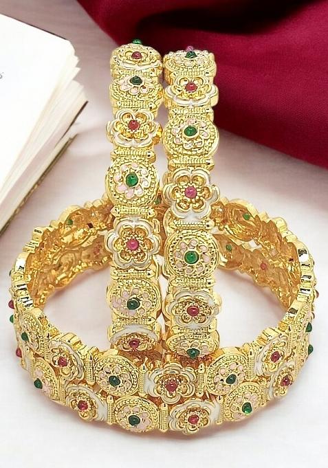 Set Of 4 Gold Plated Meenakari Floral Design Bangle Set