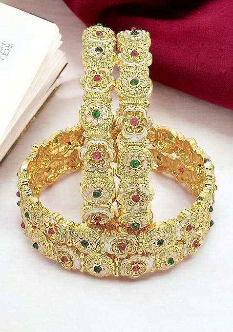 Set Of 4 Gold Plated Meenakari Floral Design Bangle Set