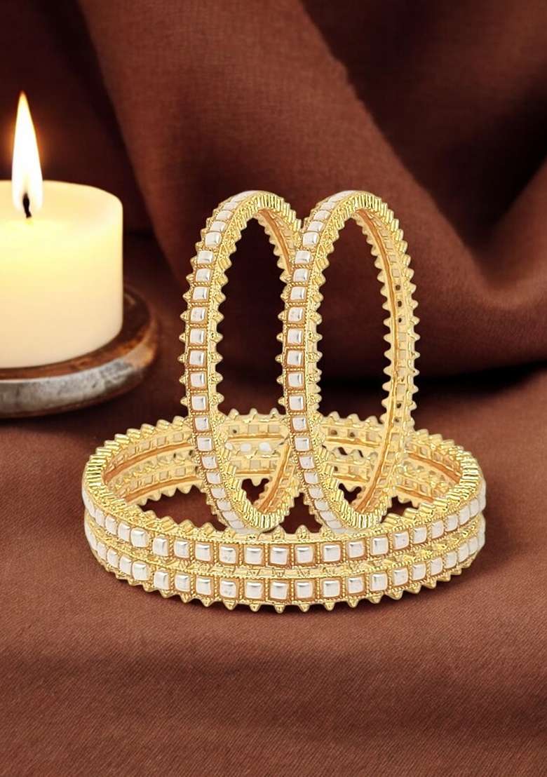 Set Of 4 Gold Plated White Beads Studded Bangles Set - Indya