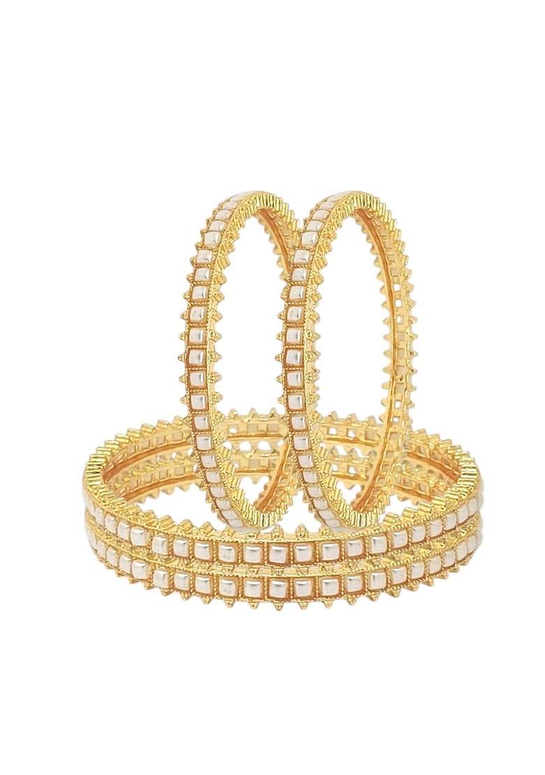 Set Of 4 Gold Plated White Beads Studded Bangles Set - Indya