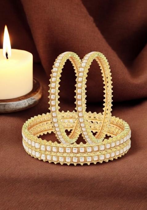 Set Of 4 Gold Plated White Beads Studded Bangles Set