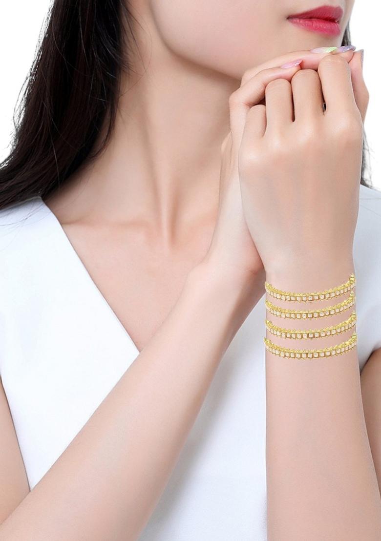 Set Of 4 Gold Plated White Beads Studded Bangles Set