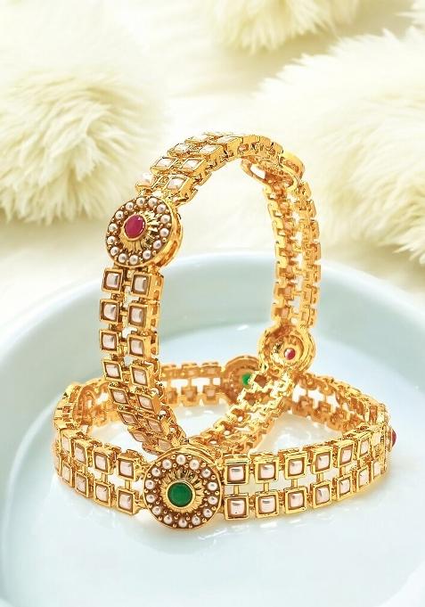 Set Of 2 Gold Plated Beads Studded Bangles Set 