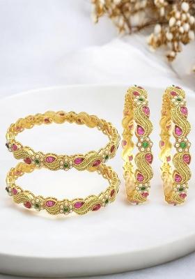 Set Of 4 Gold Plated Stone Studded Paisley Bangle Set