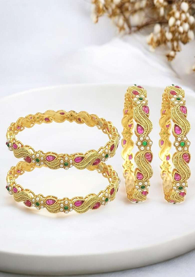 Set Of 4 Gold Plated Stone Studded Paisley Bangle Set - Indya