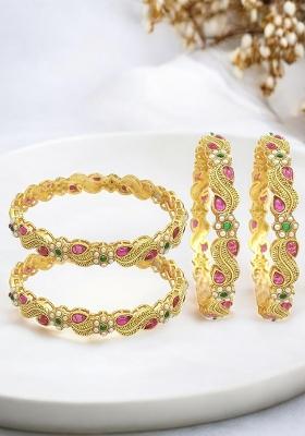 Set Of 4 Gold Plated Stone Studded Paisley Bangle Set