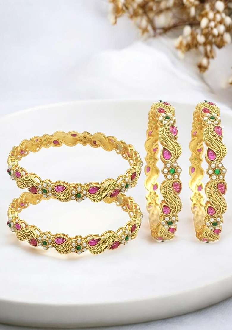 Set Of 4 Gold Plated Stone Studded Paisley Bangle Set - Indya
