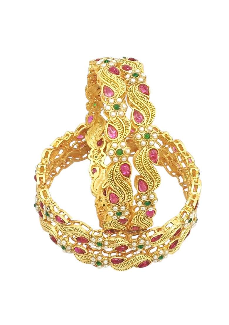Set Of 4 Gold Plated Stone Studded Paisley Bangle Set - Indya