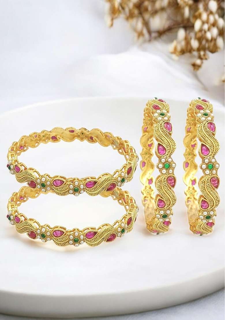 Set Of 4 Gold Plated Stone Studded Paisley Bangle Set - Indya