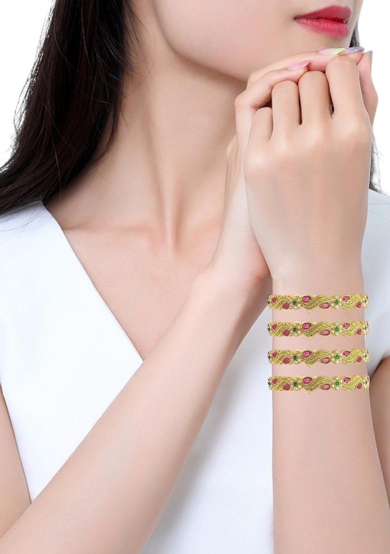 Set Of 4 Gold Plated Stone Studded Paisley Bangle Set