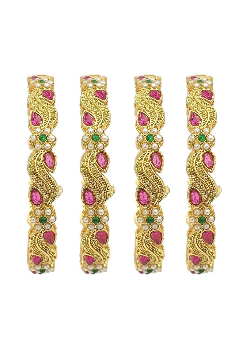 Set Of 4 Gold Plated Stone Studded Paisley Bangle Set