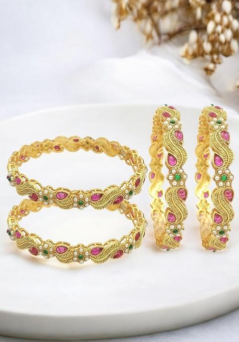 Set Of 4 Gold Plated Stone Studded Paisley Bangle Set
