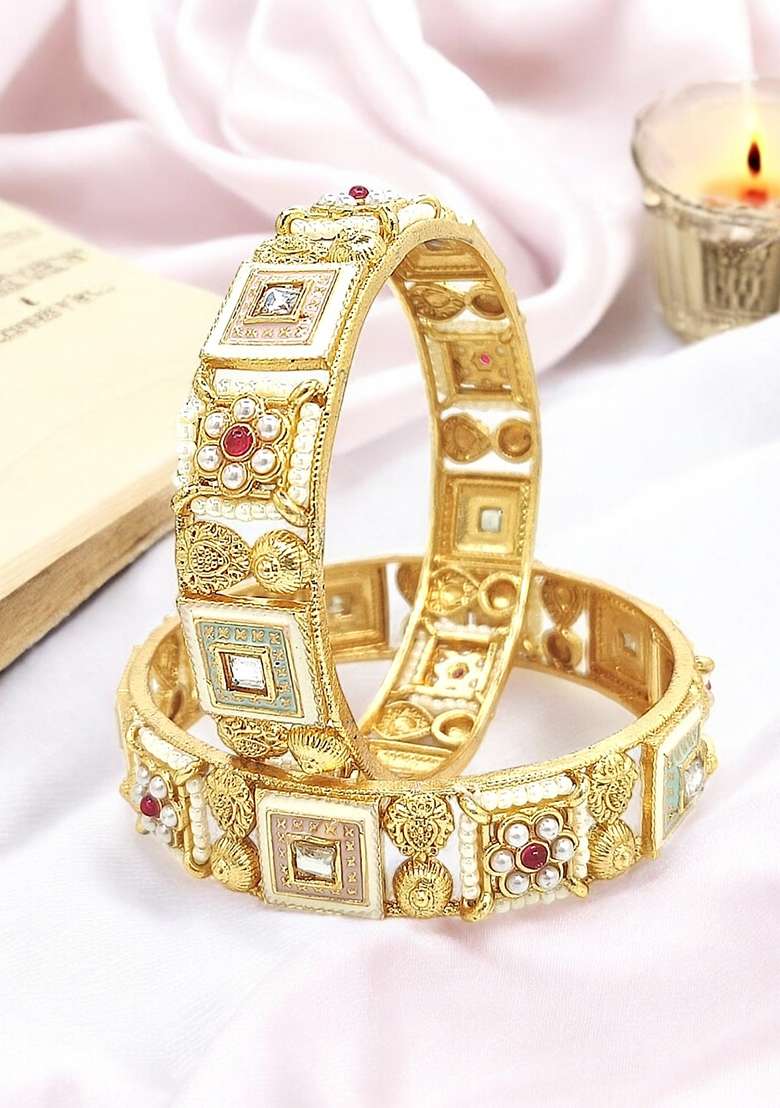 Set Of 2 Gold Plated Meenakari Statement Kada Bangles - Indya