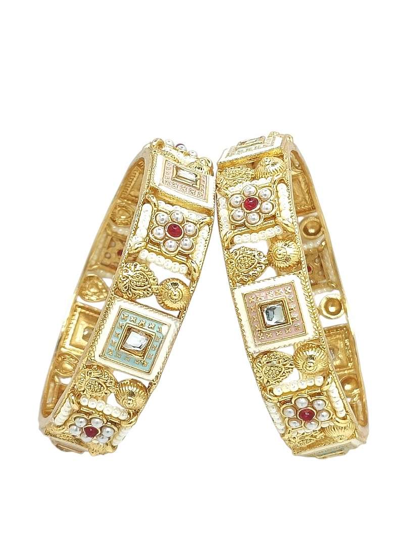 Set Of 2 Gold Plated Meenakari Statement Kada Bangles - Indya