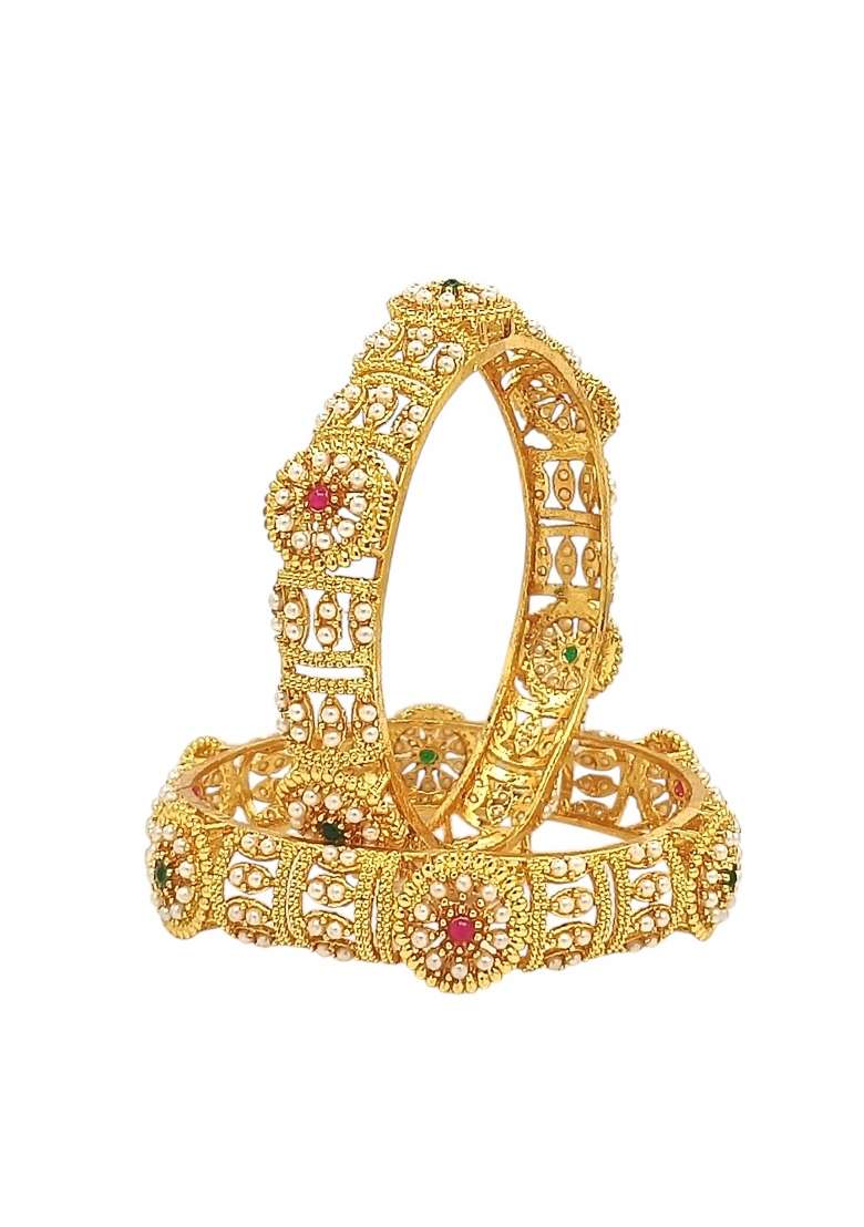 Set Of 2 Gold Plated Intricate Filigree Work Kada Bangle Set  - Indya