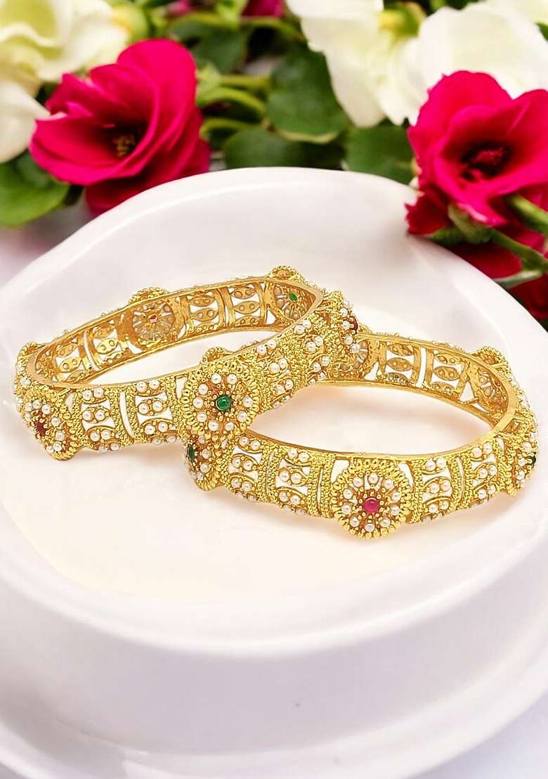 Set Of 2 Gold Plated Intricate Filigree Work Kada Bangle Set  - Indya
