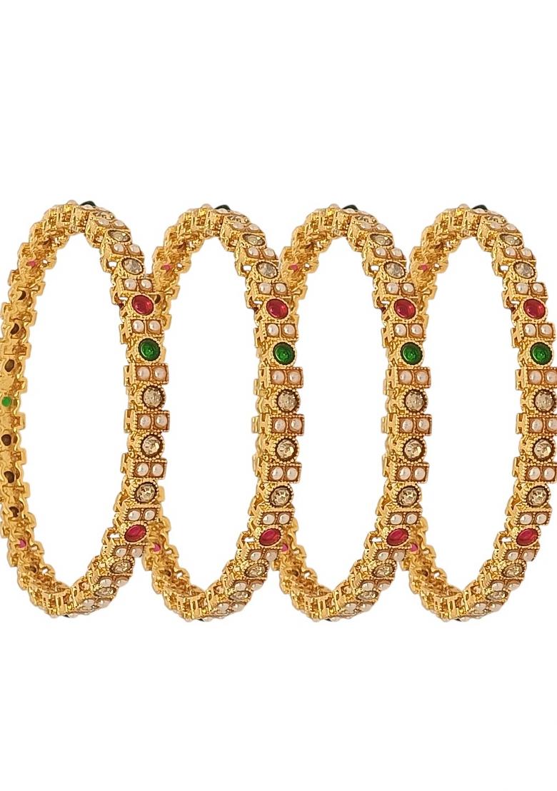 Set Of 4 Gold Plated Multi Colour Beaded Bangle Set 