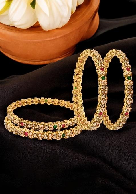 Set Of 4 Gold Plated Multi Colour Beaded Bangle Set 