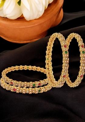 Set Of 4 Gold Plated Multi Colour Beaded Bangle Set 